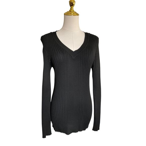 Dots Sweater Womens XL Black Ribbed Long Sleeve V Neck Stretch Pullover Top - Picture 1 of 8